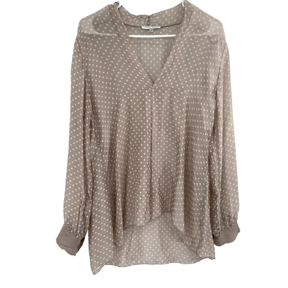 Tempo Paris Womens Blouse Size M Tan Sheer Lace Long Sleeve V-Neck Button
